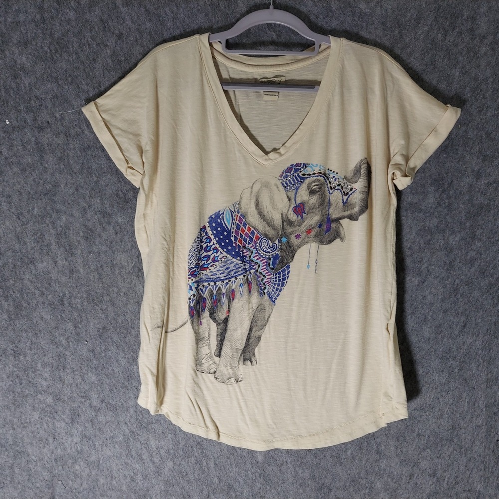 Lucky Brand Women Elephant Shirt M Cream Cotton Modal Boho Embellished Indie